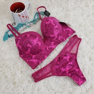 French Affair 36B Pink Floral Thong M PushUp Long Line Plunge Bra